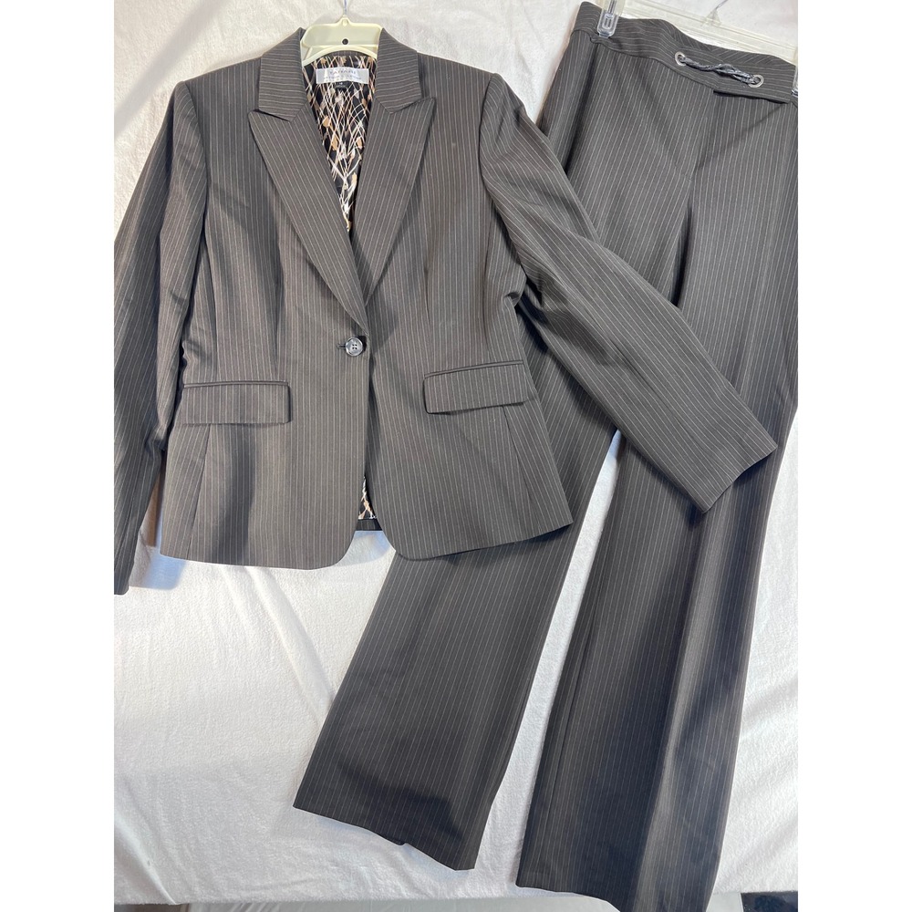 Tahari Arthur S Levine Brown Pinstripe Pant Suit Blazer Trousers Set Size 10